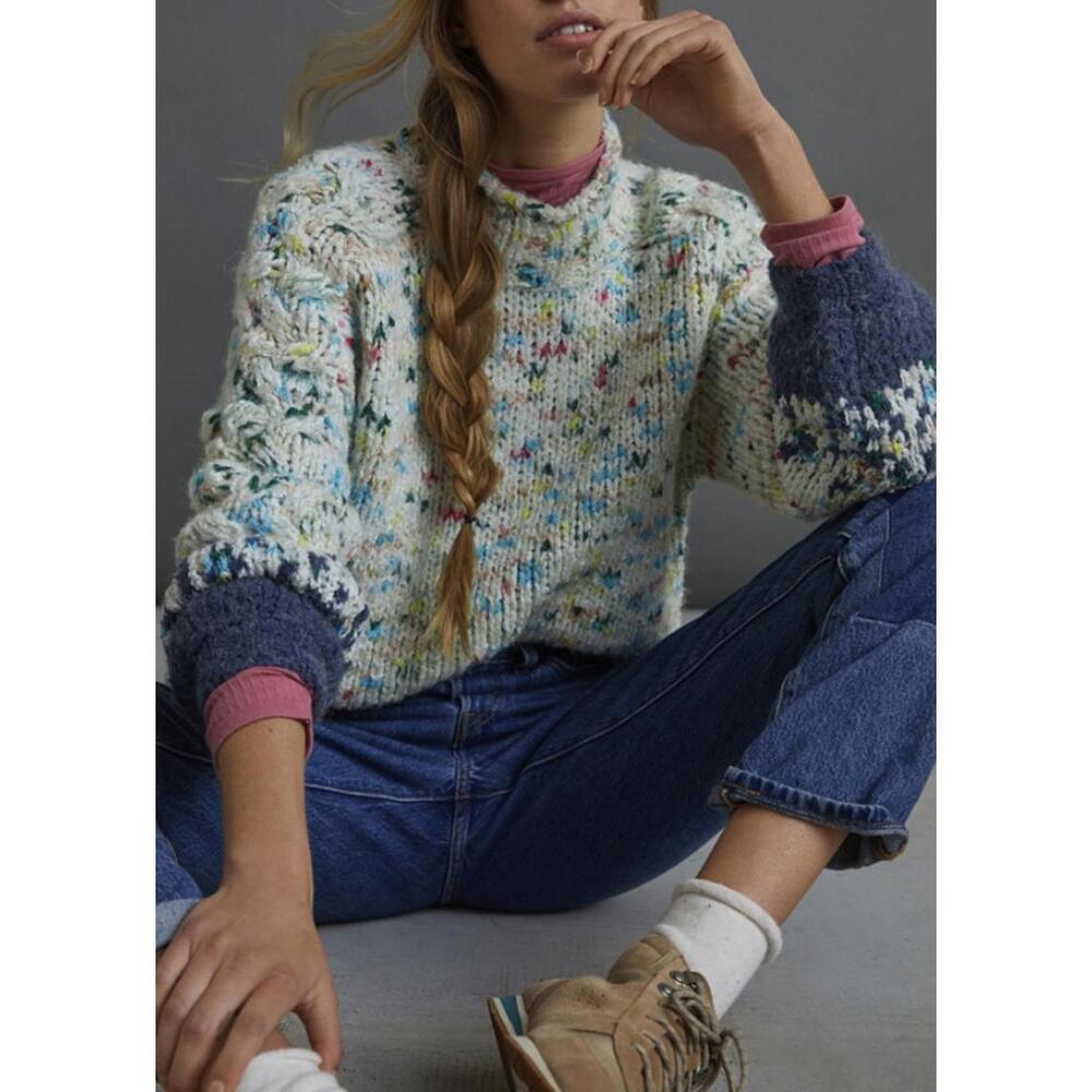 Anthropologie Teal Multicolored Oversized Gaia Sweater - Size - XS